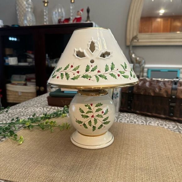 Lenox Holiday Candle Lamp Holder with Shade Festive Holly Berry Design Porcelain - Picture 1 of 5